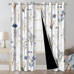 Blue Floral Blackout Curtains with Tiebacks, 2 Panels