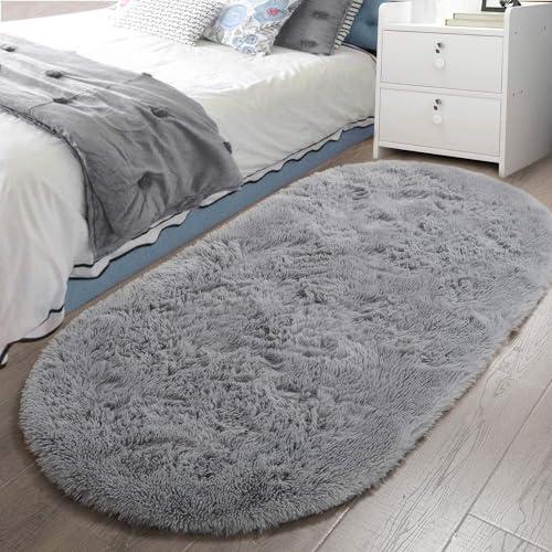 LOCHAS Bedroom Rug 2.6' x 5.3', Gray Fluffy Shaggy Area Rug for Bedroom Bedside, Soft Oval Throw Rugs Carpet for Kids Girls Nursery Living Room Home Decor
