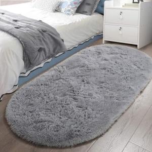 LOCHAS Bedroom Rug 2.6' x 5.3', Gray Fluffy Shaggy Area Rug for Bedroom Bedside, Soft Oval Throw Rugs Carpet for Kids Girls Nursery Living Room Home Decor