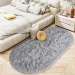 LOCHAS Bedroom Rug 2.6' x 5.3', Gray Fluffy Shaggy Area Rug for Bedroom Bedside, Soft Oval Throw Rugs Carpet for Kids Girls Nursery Living Room Home Decor