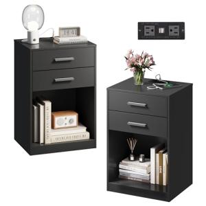 WLIVE Nightstand Set with Charging Station – Black