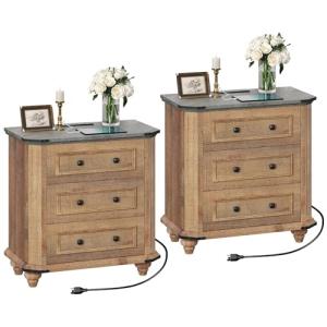 Rustic Nightstand Set with Charging Station - 2 Pieces