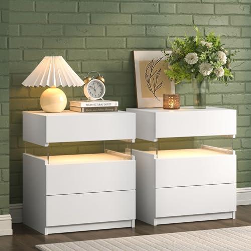 Modern White LED Nightstand Set of 2