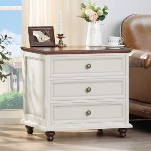 Farmhouse Night Stand with 3 Drawers, White