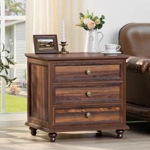 Farmhouse Nightstand with 3 Drawers - Retro Brown