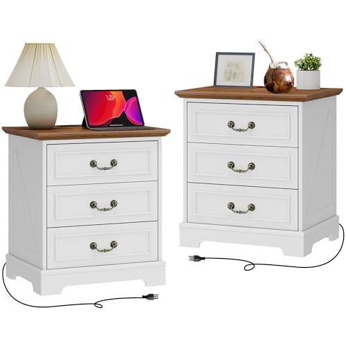 Farmhouse Nightstand Set of 2 with Charging Station