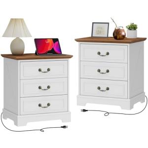 Farmhouse Nightstand Set of 2 with Charging Station