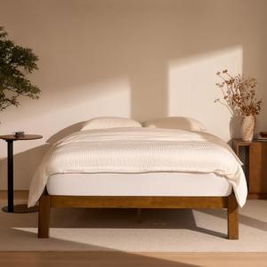 Solid Rubberwood Queen Bed Frame with Japandi Style