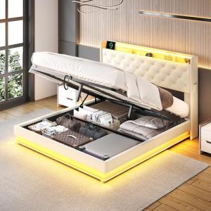 Ailisite Full Size Lift Up Storage Bed, Upholstered Platform Bed with Button Tufted Wingback Storage Headboard, Bed Frame Full Size with Led Lights and Charging Station, No Box Spring Needed, Beige