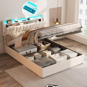 Fameill Full Size Lift Up Storage Bed Frame, Height Adjustable Storage Headboard with Charging Station, LED Lights Upholstered Platform Bed, Wooden Slat, No Box Spring Needed, Noise-Free, Beige