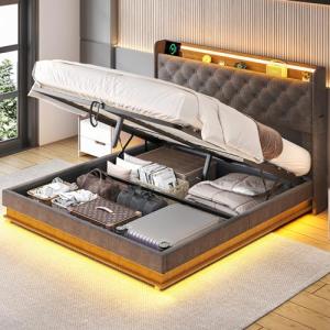 Ailisite Lift Up Storage Queen Bed, Upholstered Platform Bed with Button Tufted Wingback Storage Headboard, Bed Frame Queen Size with Led Lights and Charging Station, No Box Spring Needed, Grey
