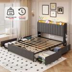 Full Bed Frame with 4 Drawers and Storage Headboard, Upholstered Platform Bed Frame Full Size with Led Lights and Handy Charging Station, No Box Spring Needed, Easy Assembly, Noise Free, Gray