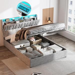 Queen Size Lift Up Storage Bed Frame, Height Adjustable Storage Headboard with Charging Station, LED Lights Upholstered Platform Bed, Wooden Slat Support, No Box Spring Needed, Noise-Free, Light Grey