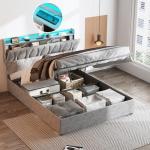 Queen Size Lift Up Storage Bed Frame, Height Adjustable Storage Headboard with Charging Station, LED Lights Upholstered Platform Bed, Wooden Slat Support, No Box Spring Needed, Noise-Free, Light Grey
