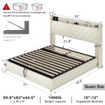 Ailisite Queen Size Lift Up Storage Bed, Upholstered Platform Bed with Button Tufted Wingback Storage Headboard, Bed Frame Queen Size with Led Lights and Charging Station, No Box Spring Needed, Beige