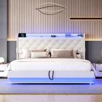 Ailisite Full Size Lift Up Storage Bed, Upholstered Platform Bed with Button Tufted Wingback Storage Headboard, Bed Frame Full Size with Led Lights and Charging Station, No Box Spring Needed, Beige