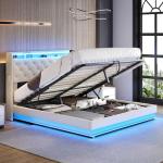Ailisite Full Size Lift Up Storage Bed, Upholstered Platform Bed with Button Tufted Wingback Storage Headboard, Bed Frame Full Size with Led Lights and Charging Station, No Box Spring Needed, Beige