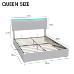 Queen Size Lift Up Storage Bed Frame, Height Adjustable Storage Headboard with Charging Station, LED Lights Upholstered Platform Bed, Wooden Slat Support, No Box Spring Needed, Noise-Free, Light Grey