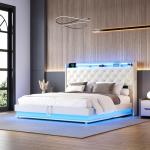 Ailisite Queen Size Lift Up Storage Bed, Upholstered Platform Bed with Button Tufted Wingback Storage Headboard, Bed Frame Queen Size with Led Lights and Charging Station, No Box Spring Needed, Beige