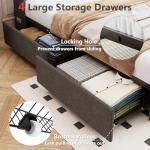 Full Bed Frame with 4 Drawers and Storage Headboard, Upholstered Platform Bed Frame Full Size with Led Lights and Handy Charging Station, No Box Spring Needed, Easy Assembly, Noise Free, Gray