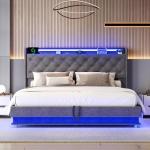 Ailisite Lift Up Storage Queen Bed, Upholstered Platform Bed with Button Tufted Wingback Storage Headboard, Bed Frame Queen Size with Led Lights and Charging Station, No Box Spring Needed, Grey