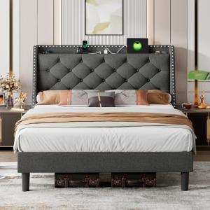 iPormis Full Bed Frame with 16" Comfort Wingback & Charging Station, Upholstered Platform Bed with Button Tufted Storage Headboard, Solid Wood Slats Support, No Box Spring Needed, Dark Grey