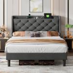 iPormis Full Bed Frame with 16" Comfort Wingback & Charging Station, Upholstered Platform Bed with Button Tufted Storage Headboard, Solid Wood Slats Support, No Box Spring Needed, Dark Grey