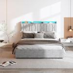 Queen Size Lift Up Storage Bed Frame, Height Adjustable Storage Headboard with Charging Station, LED Lights Upholstered Platform Bed, Wooden Slat Support, No Box Spring Needed, Noise-Free, Light Grey
