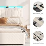 Fameill Full Size Lift Up Storage Bed Frame, Height Adjustable Storage Headboard with Charging Station, LED Lights Upholstered Platform Bed, Wooden Slat, No Box Spring Needed, Noise-Free, Beige