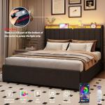 Full Bed Frame with 4 Drawers and Storage Headboard, Upholstered Platform Bed Frame Full Size with Led Lights and Handy Charging Station, No Box Spring Needed, Easy Assembly, Noise Free, Gray