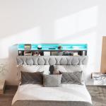 Queen Size Lift Up Storage Bed Frame, Height Adjustable Storage Headboard with Charging Station, LED Lights Upholstered Platform Bed, Wooden Slat Support, No Box Spring Needed, Noise-Free, Light Grey