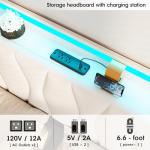 Fameill Full Size Lift Up Storage Bed Frame, Height Adjustable Storage Headboard with Charging Station, LED Lights Upholstered Platform Bed, Wooden Slat, No Box Spring Needed, Noise-Free, Beige