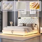Ailisite Queen Size Lift Up Storage Bed, Upholstered Platform Bed with Button Tufted Wingback Storage Headboard, Bed Frame Queen Size with Led Lights and Charging Station, No Box Spring Needed, Beige