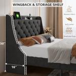 iPormis Full Bed Frame with 16" Comfort Wingback & Charging Station, Upholstered Platform Bed with Button Tufted Storage Headboard, Solid Wood Slats Support, No Box Spring Needed, Dark Grey