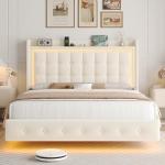 Keyluv Upholstered Queen Floating Bed Frame with RGB LED Lights and Charging Station, Velvet Platform Bed with Button Tufted Storage Headboard, Type-C & USB Charging Ports, No Box Spring Needed, Beige