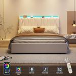 Fameill Full Size Lift Up Storage Bed Frame, Height Adjustable Storage Headboard with Charging Station, LED Lights Upholstered Platform Bed, Wooden Slat, No Box Spring Needed, Noise-Free, Beige