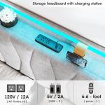 Queen Size Lift Up Storage Bed Frame, Height Adjustable Storage Headboard with Charging Station, LED Lights Upholstered Platform Bed, Wooden Slat Support, No Box Spring Needed, Noise-Free, Light Grey