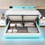 Ailisite Queen Size Lift Up Storage Bed, Upholstered Platform Bed with Button Tufted Wingback Storage Headboard, Bed Frame Queen Size with Led Lights and Charging Station, No Box Spring Needed, Beige