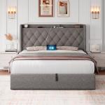 iPormis Full Size Lift Up Storage Bed Frame with Charging Station, Upholstered Platform Bed Frame with Tufted Headboard, Hydraulic Storage, No Box Spring Needed, Noise-Free, Easy Assembly, Light Grey