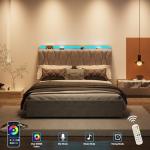 Queen Size Lift Up Storage Bed Frame, Height Adjustable Storage Headboard with Charging Station, LED Lights Upholstered Platform Bed, Wooden Slat Support, No Box Spring Needed, Noise-Free, Light Grey