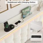 Keyluv Upholstered Queen Floating Bed Frame with RGB LED Lights and Charging Station, Velvet Platform Bed with Button Tufted Storage Headboard, Type-C & USB Charging Ports, No Box Spring Needed, Beige