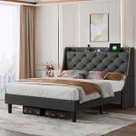 iPormis Full Bed Frame with 16" Comfort Wingback & Charging Station, Upholstered Platform Bed with Button Tufted Storage Headboard, Solid Wood Slats Support, No Box Spring Needed, Dark Grey