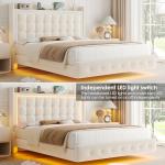 Keyluv Upholstered Queen Floating Bed Frame with RGB LED Lights and Charging Station, Velvet Platform Bed with Button Tufted Storage Headboard, Type-C & USB Charging Ports, No Box Spring Needed, Beige