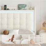 Keyluv Upholstered Queen Floating Bed Frame with RGB LED Lights and Charging Station, Velvet Platform Bed with Button Tufted Storage Headboard, Type-C & USB Charging Ports, No Box Spring Needed, Beige