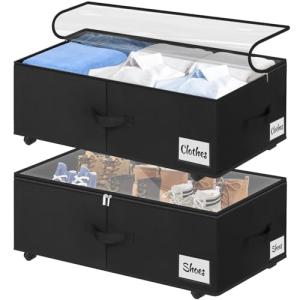 Under Bed Storage with Wheels, 2-Pack 10" Height XXL 60L Rolling Storage Bins, Quick Assembly Underbed Shoe Storage Containers with Clear Lid & Label, Dorm Under bed Drawers for Clothes, Shoes, Black