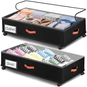 Tsinglax Under Bed Storage with Wheels 2-Pack, Under Bed Storage Containers 66L Clear Lids, Rolling Storage Drawers for Clothes Shoes Blankets, Underbed Organizer Bins(32" L x 17.3" W x 7.2" H)