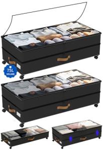 GOVEYONY Under Bed Storage with Wheels 2-Pack, 75L XXL Under the Bed Storage Containers Large, 12" Tall Adjustable Storage for Underbed with Lids, Rolling for Clothes, Shoes, Blankets (Black)