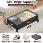 Tsinglax Under Bed Storage with Wheels 2-Pack, Under Bed Storage Containers 66L Clear Lids, Rolling Storage Drawers for Clothes Shoes Blankets, Underbed Organizer Bins(32" L x 17.3" W x 7.2" H)