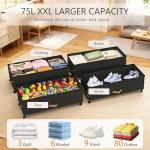 GOVEYONY Under Bed Storage with Wheels 2-Pack, 75L XXL Under the Bed Storage Containers Large, 12" Tall Adjustable Storage for Underbed with Lids, Rolling for Clothes, Shoes, Blankets (Black)