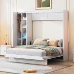 RUNNA Queen Size Murphy Bed Wall Bed with Shelves,Wardrobe and LED Lights,Easy to Assemble and fold, Suitable for Guest Room Home Office(White@099)